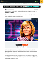 US Military Leadership Supports BTC Reserve: Sen. Lummis