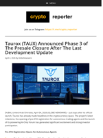 Taurox (TAUX) Announced Phase 3 of The Presale Closure After The Last Development Update