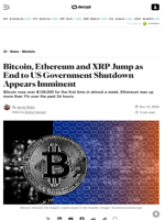 Bitcoin, Ethereum and XRP Jump as End to US Government Shutdown Appears Imminent - Decrypt