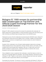 Bologna FC 1909 renews its partnership with zondacrypto as Top Partner and Official Crypto Exchange Partner for the 2025/2026 season