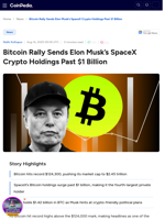 Bitcoin Rally Sends Elon Musk’s SpaceX Crypto Holdings Past $1 Billion