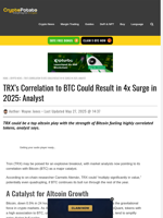TRX’s Correlation to BTC Could Result in 4x Surge in 2025: Analyst