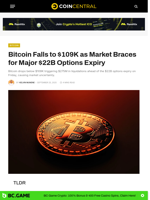 Bitcoin Falls to $109K as Market Braces for Major $22B Expiry