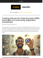 Trading Volume for Ozak AI Jumps 380% Overnight as Community Expansion Accelerates