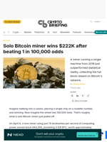 Solo Bitcoin miner wins $222K after beating 1 in 100,000 odds