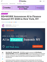 RE•WORK Announces AI in Finance Summit NY 2025 in New York, NY - Coinfea