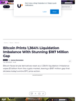 Bitcoin Prints 1,364% Liquidation Imbalance With Stunning $187 Million Gap - U.Today