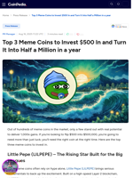 Top 3 Meme Coins to Invest $500 In and Turn It Into Half a Million in a year 
