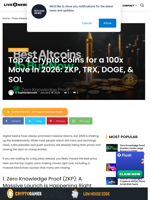 Top 4 Crypto Coins for a 100x Move in 2026: ZKP, TRX, DOGE, & SOL | Live Bitcoin News