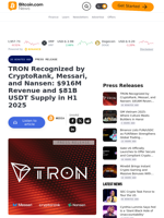 TRON Recognized by CryptoRank, Messari, and Nansen: $916M Revenue and $81B USDT Supply in H1 2025 – Press release Bitcoin News