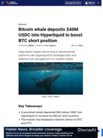 Bitcoin whale deposits $40M USDC into Hyperliquid to boost BTC short position