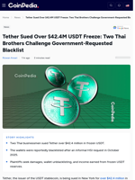 Tether Sued Over $42.4M USDT Freeze, Two Thai Brothers