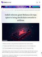 India’s telecom giant Reliance Jio taps Aptos to bring blockchain rewards to millions - CoinJournal