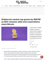 Stablecoin market cap grows by $987M as DEX volumes slide and corporations stack Bitcoin