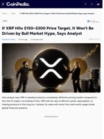 If XRP Hits $150–$300 Price Target, It Won’t Be Driven by Bull Market Hype, Says Analyst