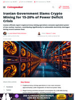 Iranian Government Slams Crypto Mining for 15-20% of Power Deficit Crisis - Coinspeaker