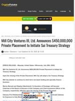 Mill City Ventures III, Ltd. Announces $450,000,000 Private Placement to Initiate Sui Treasury Strategy