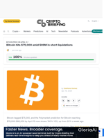 Bitcoin hits $75,000 amid $89M in short liquidations