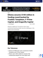 Ethena secures $100 million in funding round backed by Franklin Templeton, F-Prime Capital, and Dragonfly Capital