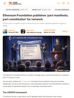 Ethereum Foundation publishes ‘part manifesto, part
constitution’ for network