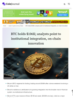 BTC holds $106K; analysts point to institutional integration, on-chain innovation - CoinJournal