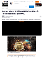 Tether Mints 2 Billion USDT as Bitcoin Price Reclaims $119,000