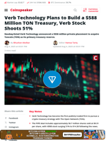 Verb Tech to Build $588M TON Treasury, Stock Jumps 51%
