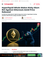 Whale Shorts Ethereum on Hyperliquid Amid Price Rebound
