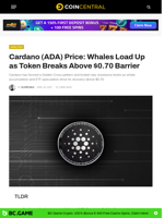 Cardano (ADA) Price: Whales Load Up as Token Breaks Above $0.70 Barrier - CoinCentral