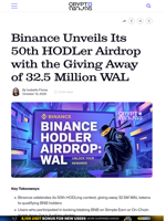 Binance Unveils Its 50th HODLer Airdrop with the Giving Away of 32.5 Million WAL