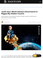 Justin Sun: World Liberty’s Governance Is Rigged By Hidden Control - DailyCoin