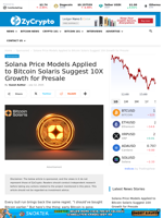 Solana Price Models Applied to Bitcoin Solaris Suggest 10X Growth for Presale