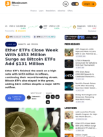 Ether ETFs Close Week With $453 Million Surge as Bitcoin ETFs Add $131 Million – Markets and Prices Bitcoin News