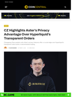 CZ Highlights Aster's Privacy Advantage Over Hyperliquid