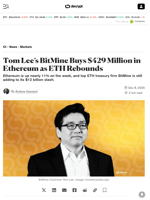 Tom Lee’s BitMine Buys $429 Million in Ethereum as ETH Rebounds - Decrypt