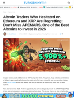 Altcoin Traders Who Hesitated on Ethereum and XRP Are Regretting: Don’t Miss APEMARS, One of the Best Altcoins to Invest in 2026 - TurkishNY Radio