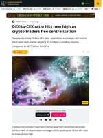 Crypto Flees Centralized Trading As DEX-to-CEX Ratio Peaks