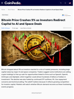 Bitcoin Price Crashes 9% as Investors Redirect Capital to AI and Space Deals