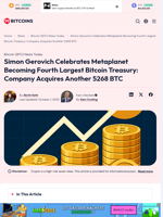 Simon Gerovich Celebrates Metaplanet Becoming Fourth Largest Bitcoin Treasury: Company Acquires Another 5268 BTC - 99Bitcoins