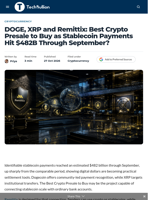DOGE, XRP and Remittix: Best Crypto Presale to Buy as Stablecoin Payments Hit $482B Through September? - TechBullion