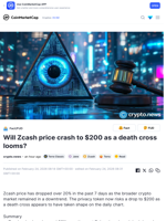 Will Zcash price crash to $200 as a death cross looms? | Headlines | News | CoinMarketCap