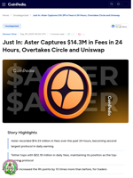 Just In: Aster Captures $14.3M in Fees in 24 Hours, Overtakes Circle and Uniswap
