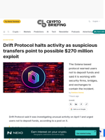 Drift Protocol halts activity as suspicious transfers point to possible $270 million exploit