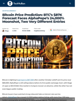 Bitcoin Price Prediction: BTC’s $87K Forecast Faces AlphaPepe’s 24,000% Moonshot, Two Very Different Entries - TechBullion