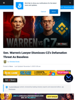 Sen. Warren’s Lawyer Dismisses CZ’s Defamation Threat As Baseless | Bitcoinist.com