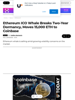 Ethereum ICO Whale Breaks Two-Year Dormancy, Moves 15,000 ETH to Coinbase - U.Today