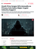 Zcash Price Surges 92% Annually as Privacy Coin Gains Major Crypto Industry Support - Coinspeaker
