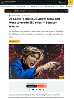 Sen. Elizabeth Warren: CLARITY Bill Could Allow Tesla And Meta To Evade SEC Rules