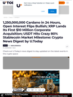 1,250,000,000 Cardano in 24 Hours, Open Interest Flips Bullish; XRP Lands Its First $10 Million Corporate Acquisition; USDT Hits Crazy 80% Stablecoin Market Milestone: Crypto News Digest by U.Today