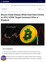 Bitcoin Holds Steady While Hash Rate Climbs to ATH; $125K Target Imminent After a Breakout